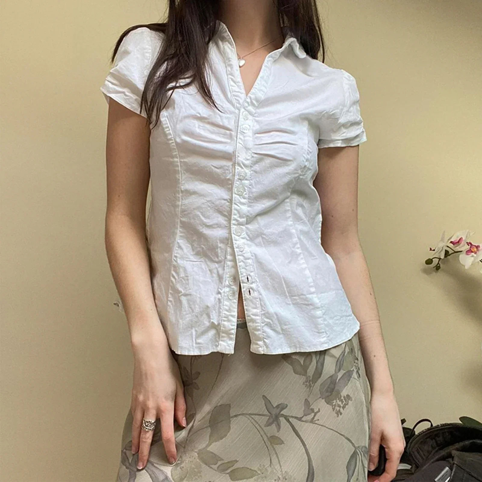 

Women's Button Down Slim Shirts Summer Fashion Cap Sleeve Lapel Collar Tie Back Slim Fit Tops