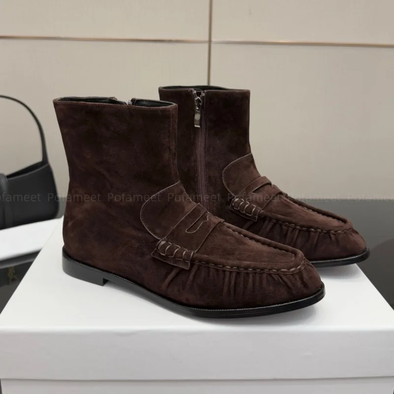 

Новые женские короткие ботинки, повседневные лоферы, ботинки из натуральной кожи высшего качества, ботильоны с круглым носком на плоской подошве, модный дизайн, размер 35-41