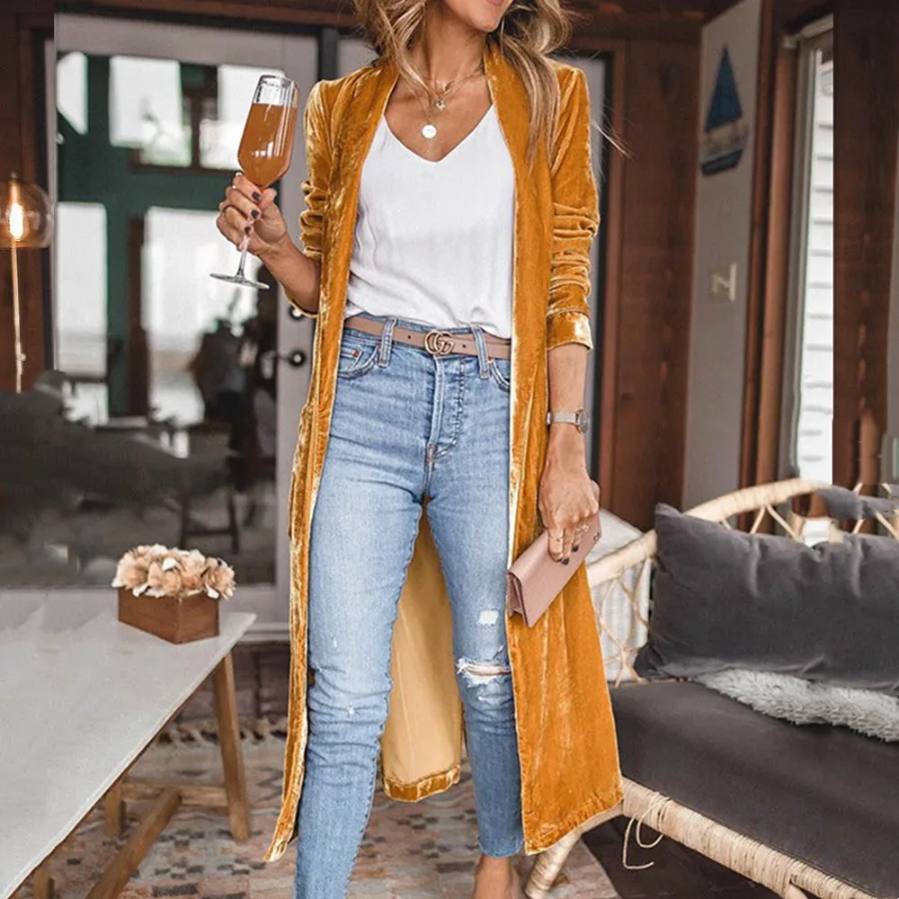 Autumn/Winter Street Trendy Women's Loose Gold Velvet Stretch Long Coat Solid Elegant Office Lady Party X-LONG Cardigan Jacket