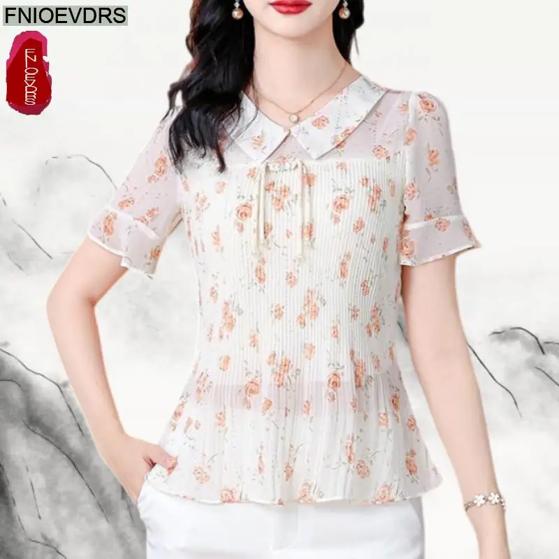 

Floral Print Tops Rustic Style Girls Women Summer Short Sleeve Pleated Design Casual Flower Peter Pan Collar Bow Tie Tops