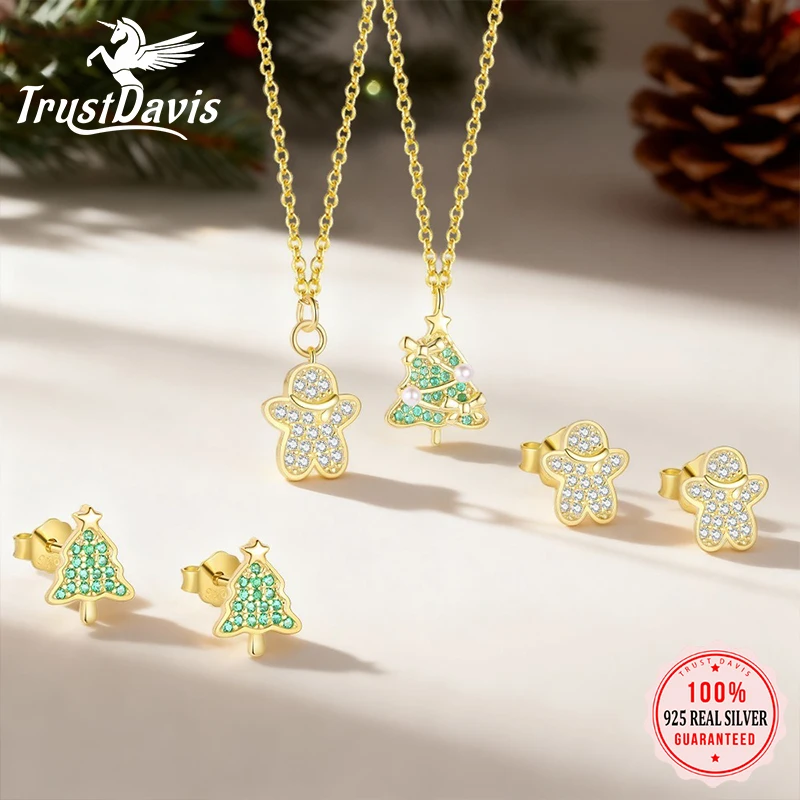 Trustdavis Real 925 Silver Fashion Simple Christmas Tree Snowman Set for Women Daily Wear Jewelry Gift DS4696