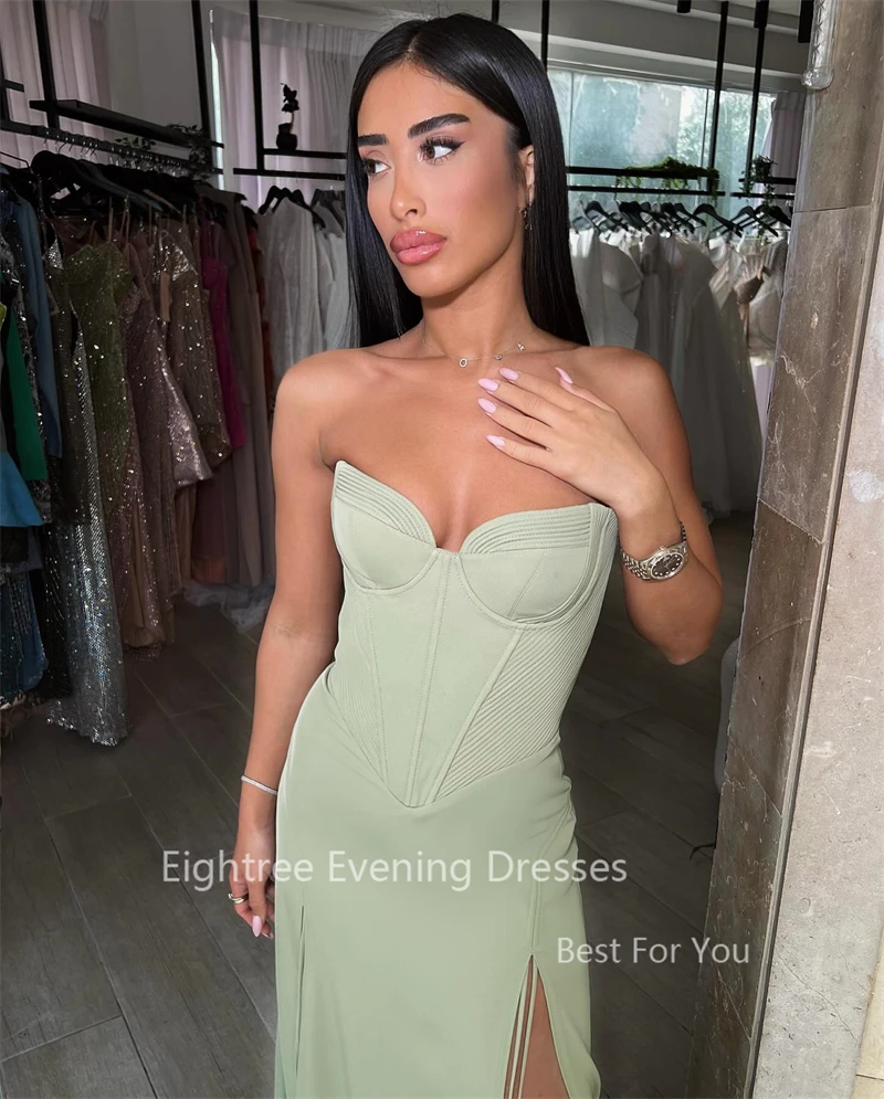 Eightree Bean Green Satin Prom Dresses Simple Wedding Guest Floor-length Arabic Elegant Formal Evening Party Dress Skirt Women