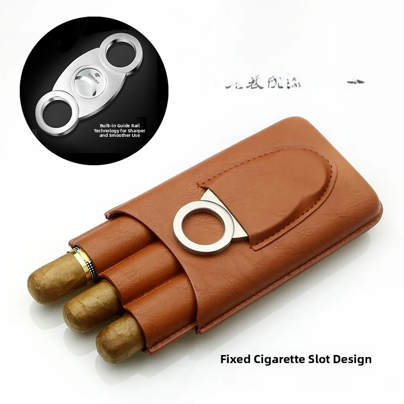 Portable Cigar Box Set of 2 Leather Cigar Cases Humidification Tube Included Cigar Cutter Included Convenient Carry-On Smoker...