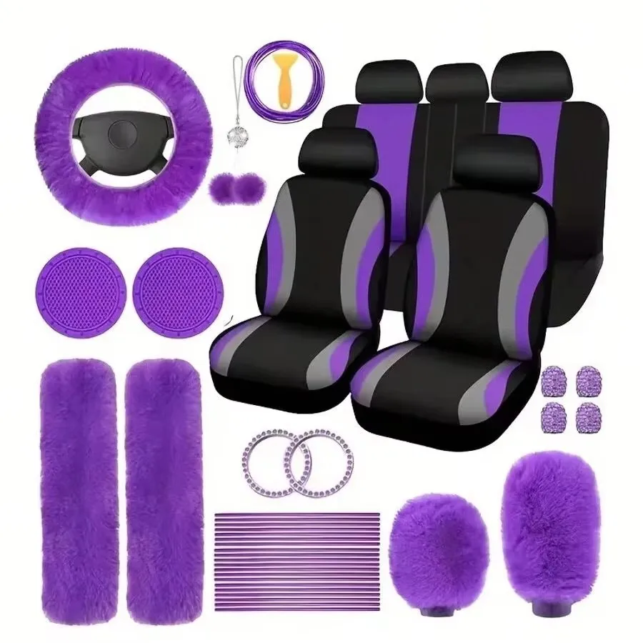 35-Piece Women Fluffy Car Seat Cover Set, Luxury Polyester Fiber Car Interior Combo, Soft Steering Wheel Cover, Cup Holder Coasters, Safety Belt Shoulder Pads & Gear Shift Cover, Universal Fit, Easy to Install