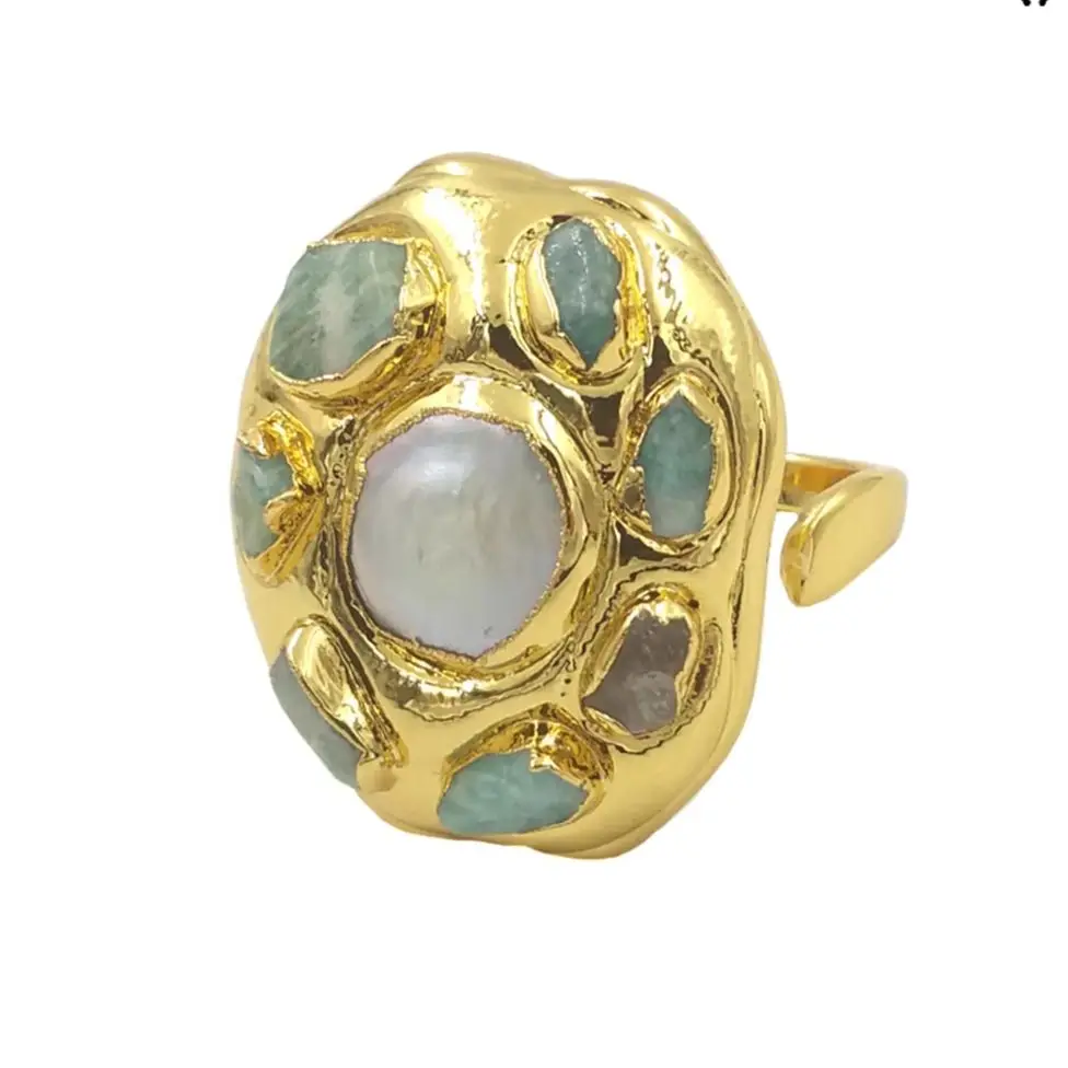 WT-MPR086  WKT 2025 Retro Amazonite And Pearl 18K Gold Plated Women Ring Adjustable Wedding INS Jewelry Popular Design
