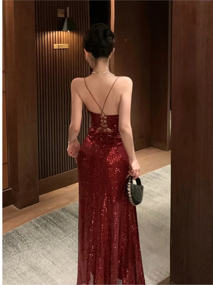 Autumn Elegant V-Neck Split Maxi Dress Women\'s Sexy Backless Slim Evening Gown Luxury Dresses Fashion Birthday Party Robe New