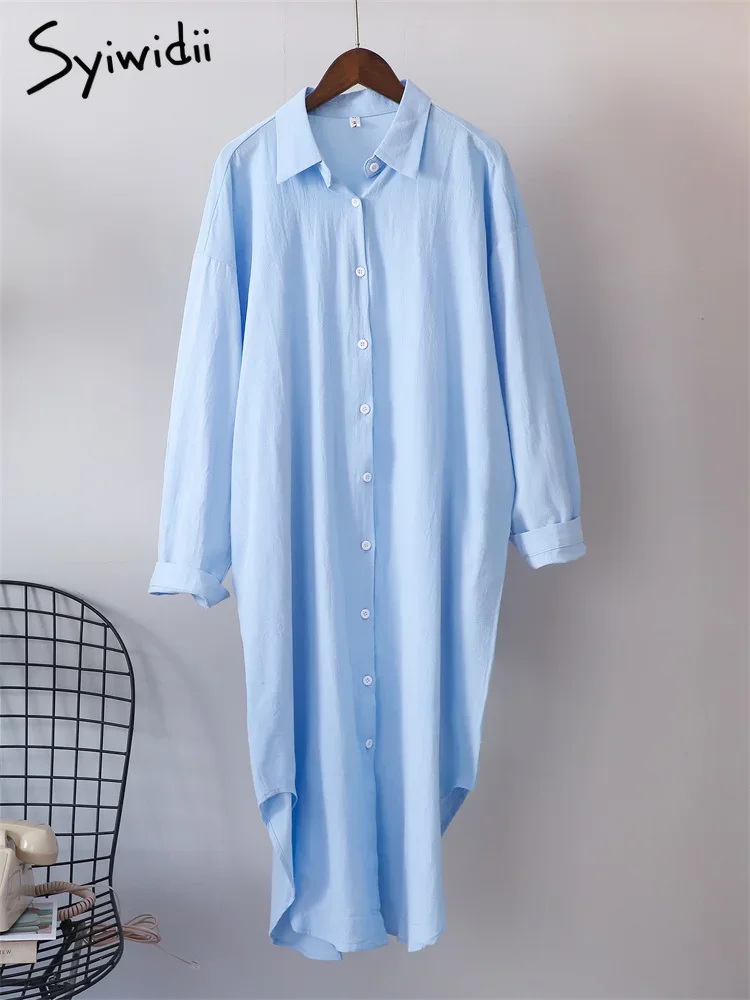 Syiwidii White Shirts Dress for Women Oversized Casual Cotton Loose Dresses Long Sleeve Button Up Blue Midi Long Blouses Dress