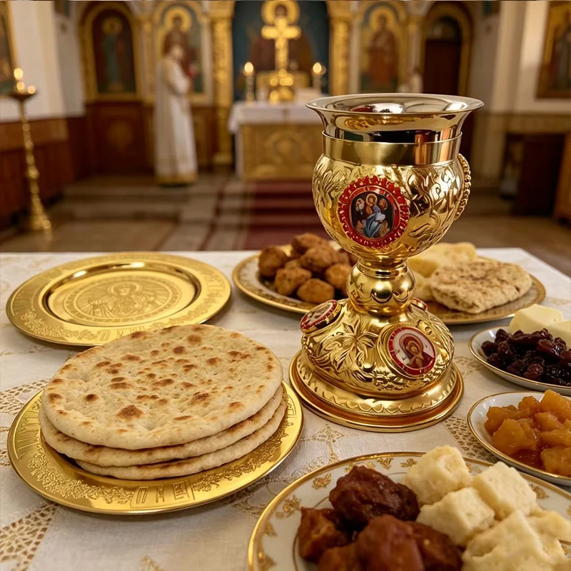 Premium Gold Plated Liturgical Chalice Set with Enamel Cross for Orthodox Church Altar Eucharist and Religious Ceremonies