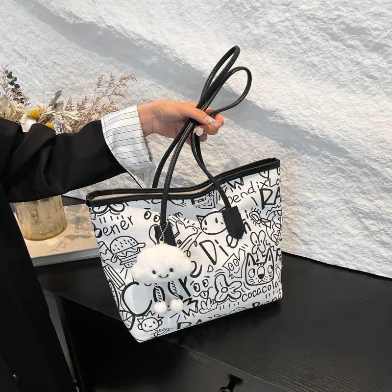 

Women's Bag Summer New Casual, Versatile Versatile Large-capacity Student Tote Bag Black Color Simple Single-shoulder Bag Canvas