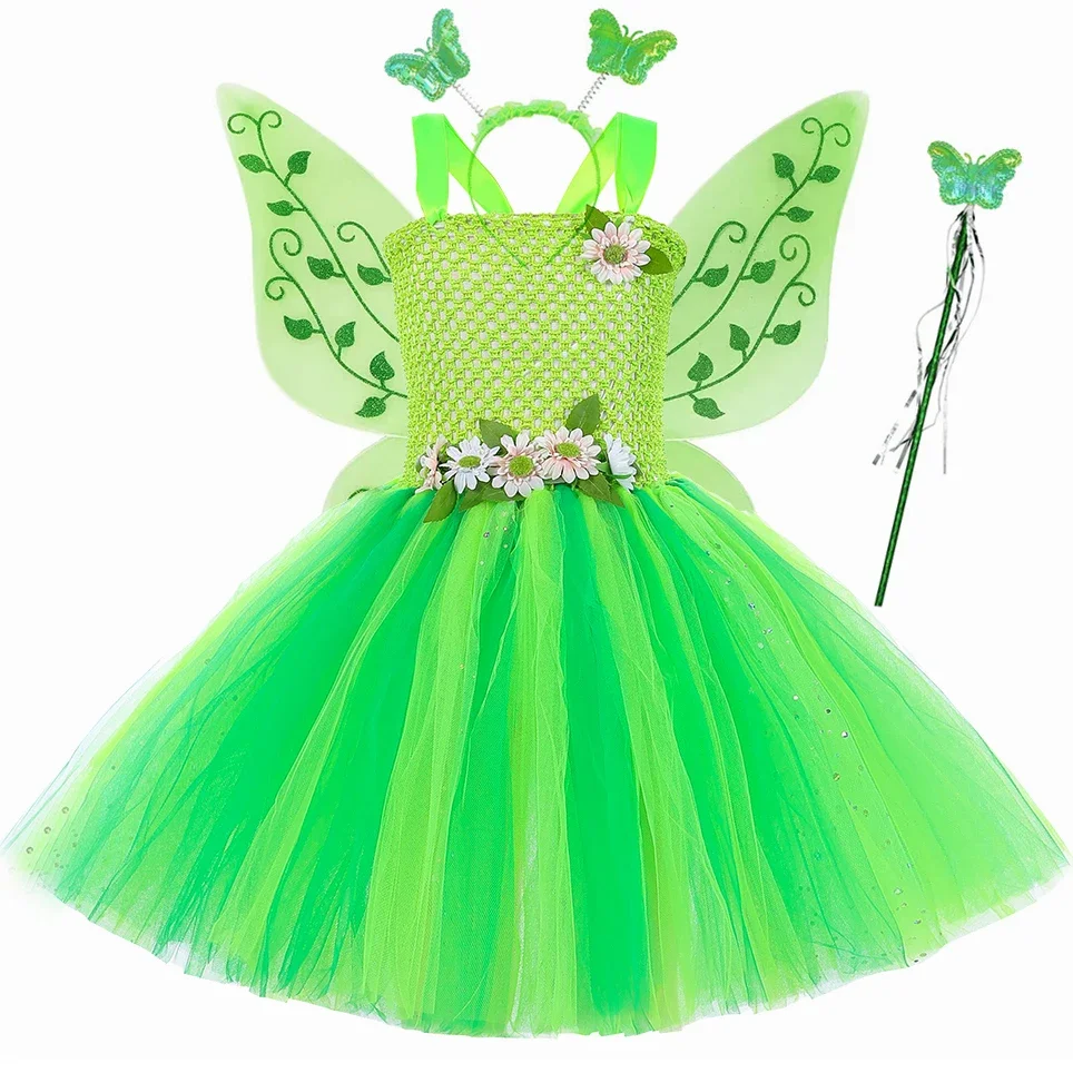 

Girls Green Tinker Fairy Tutu Dress for Kids Birthday Party Elf Flower Fairy Costume with Butterfly Wings Children Tulle Dresses