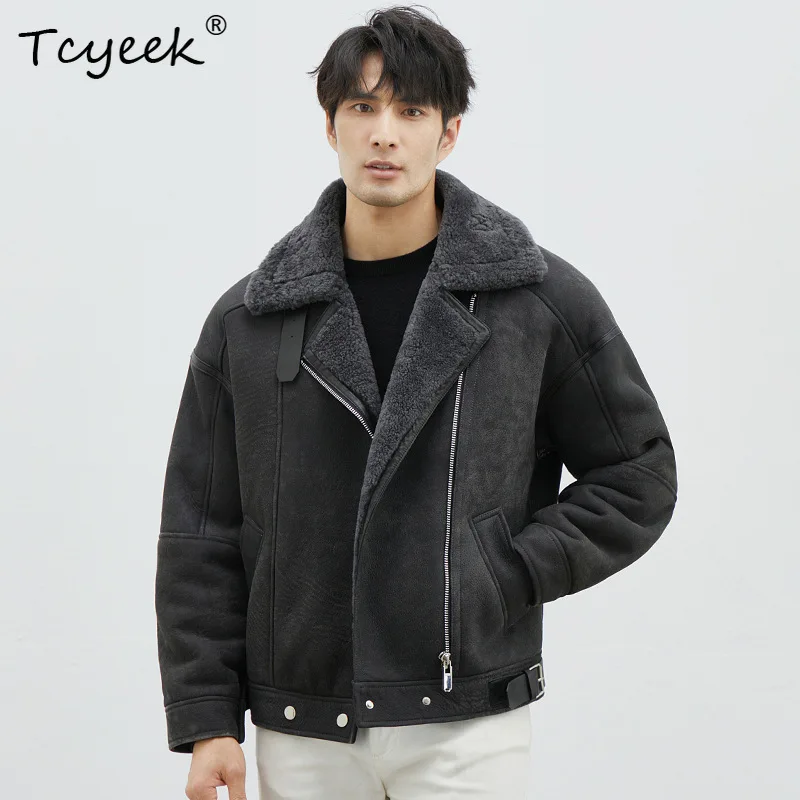 Tcyeek Natural Merino Sheep Fur Coat Men Fashion Genuine Leather Motorcycle Jacket Winter Clothes Lamb Wool Real Fur Coats Male