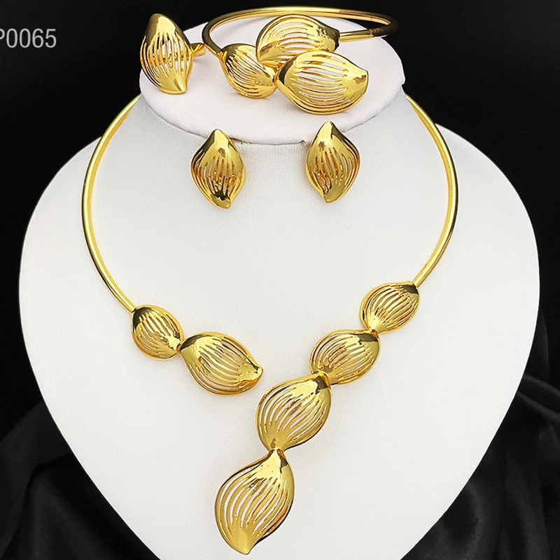 

Hot Selling Dubai Fashion Earrings Pendant Necklace Jewelry Set Nigerian Luxury Gold Color Jewelry Sets For Women Wedding Party