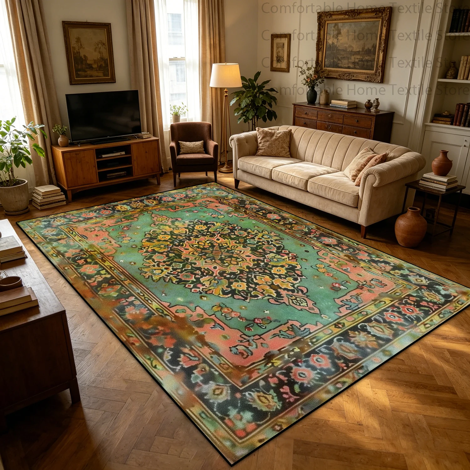American Style Retro Persian Distressed Entrance Door Carpet Machine Washable Living Room Rug Soft Easy Clean Dining Room Mat