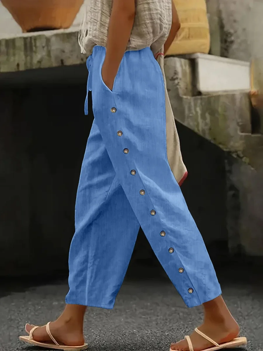 Women Casual Solid Color Straight Pants Elastic Waist Loose Wide Leg Side Button Drawstring Trousers Autumn Winter Outfits