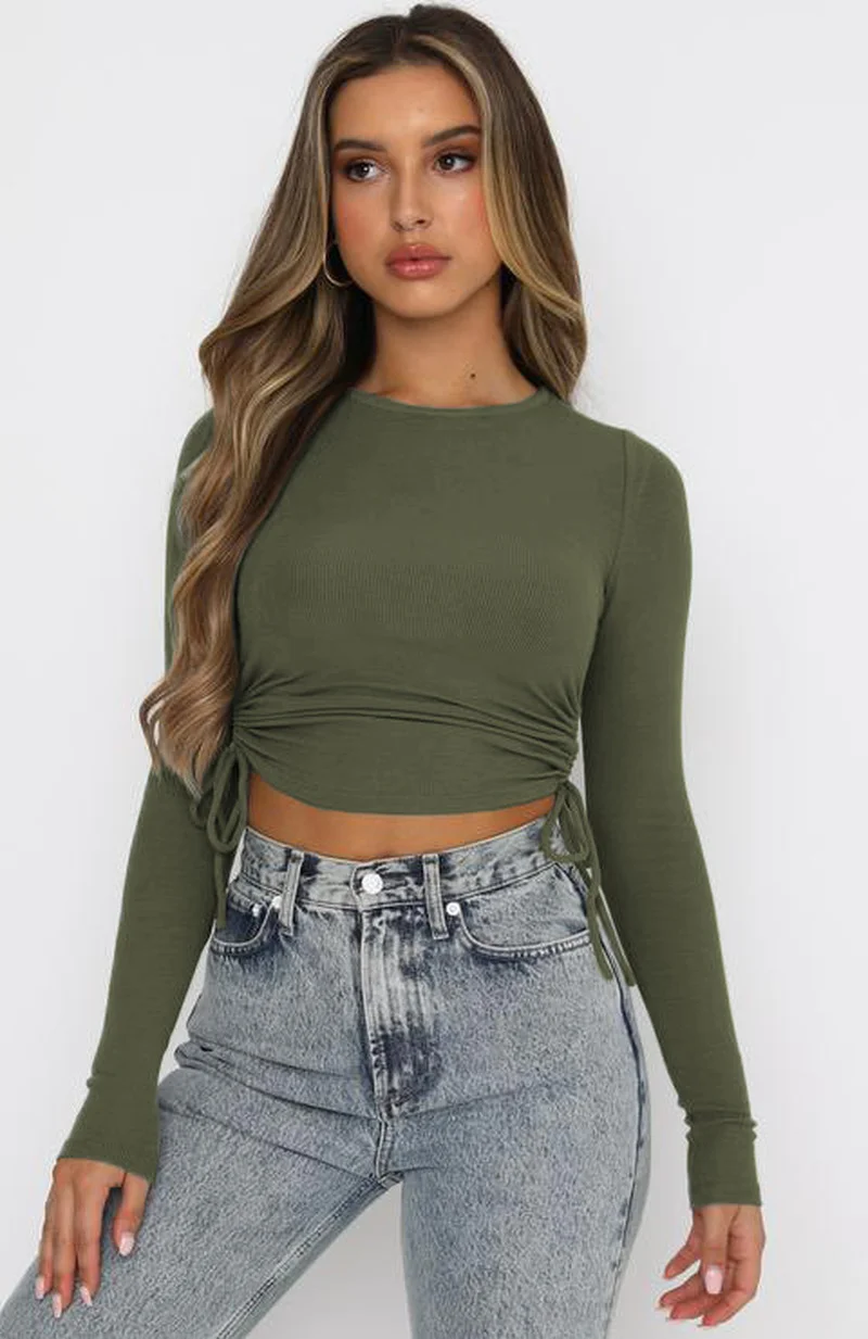 MRMT 2024 Brand New Women's Pure Color Fashion Drawstring Round Neck Long Sleeve Short Navel T-shirt Street Threaded Top