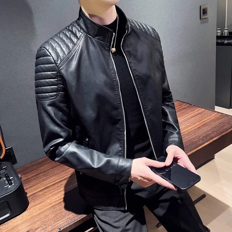 2023 Autumn Winter Leather Jacket Men Slim Casual PU Coat Moto Biker Stand Collar Solid High Quality Korean Leather Jakcets Man