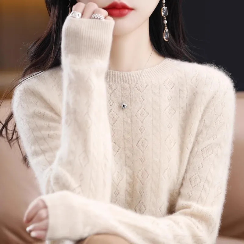 

Korean 100% Pure Cashmere Sweater Women Autumn Winter Pullovers O-Neck Hollow Long Sleeves Knitted Pulls Fashion Casual Sweater