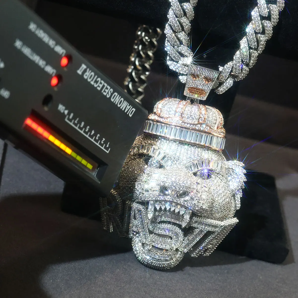 Custom Iced Out Tiger Pendant, RASTA Lettering with Crown, Silver & Rose Gold Copper Moissanite, Hip Hop Bling Necklace Men
