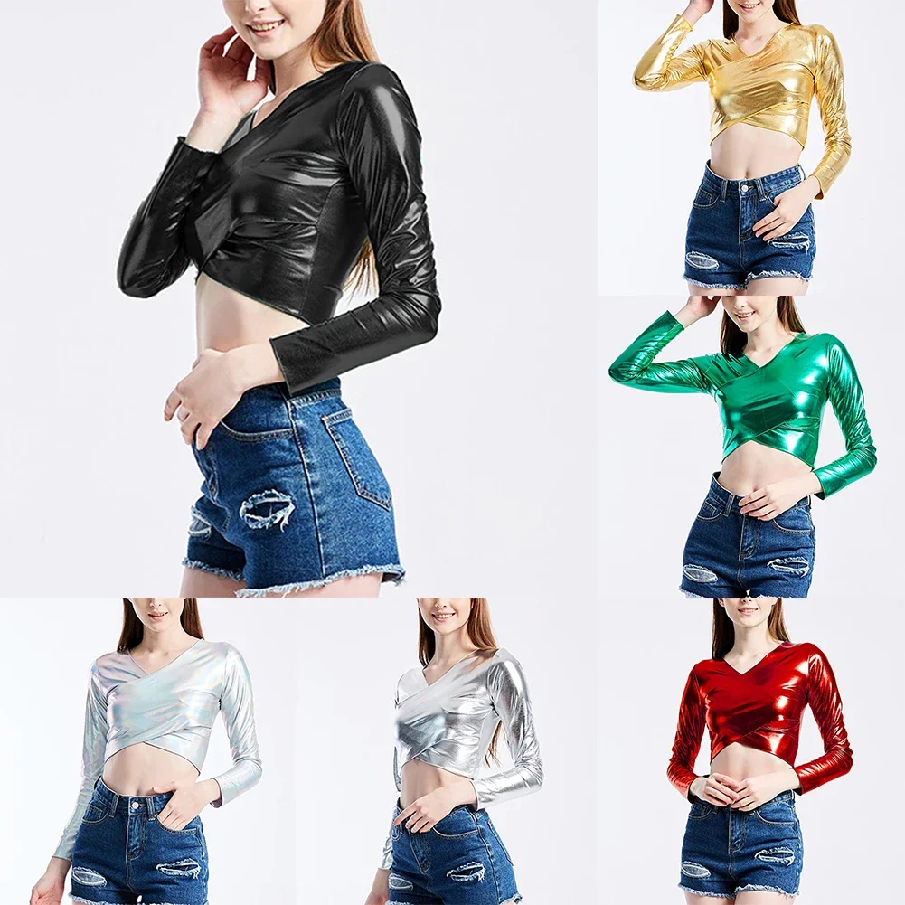 

Women Faux Leather Shiny Wetlook Crop Top Long Sleeve V-neck Top Dance Clubwear