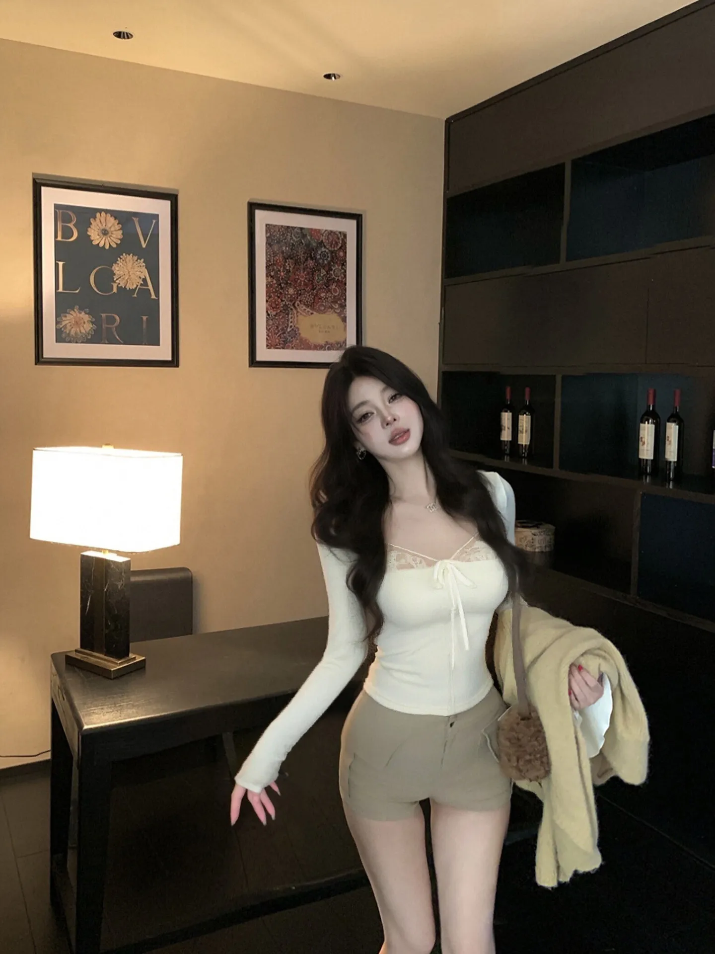 Lace Patchwork V-Neck Long Sleeve T-Shirt Women's Winter Sexy Slim Fit Inner Wear Base Shirt Korean Style Commute Fashion