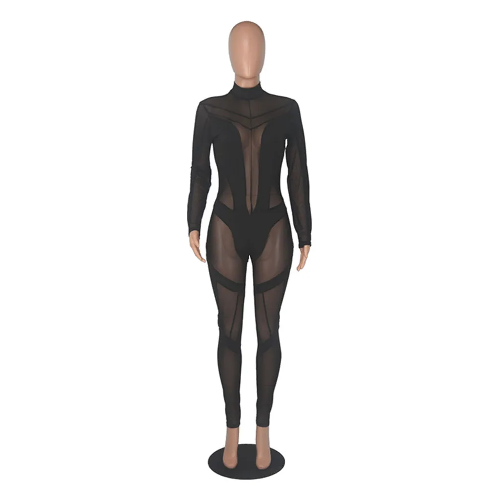 BKLD ملابس النساء قطعة واحدة 2025 ربيع جديد الوقوف طوق مثير انظر من خلال شبكة المرقعة بذلة ملابس الحفلات النادي الليلي #3