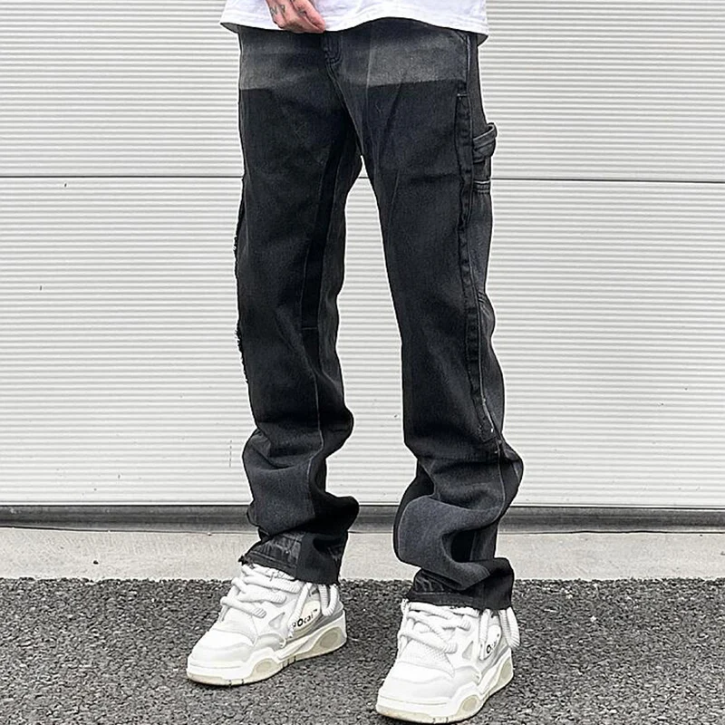 

High Street Patchwork Ripped Black Jeans Pants for Men Straight Retro Casual Sashes Pockets Denim Trousers Oversized Loose Jean