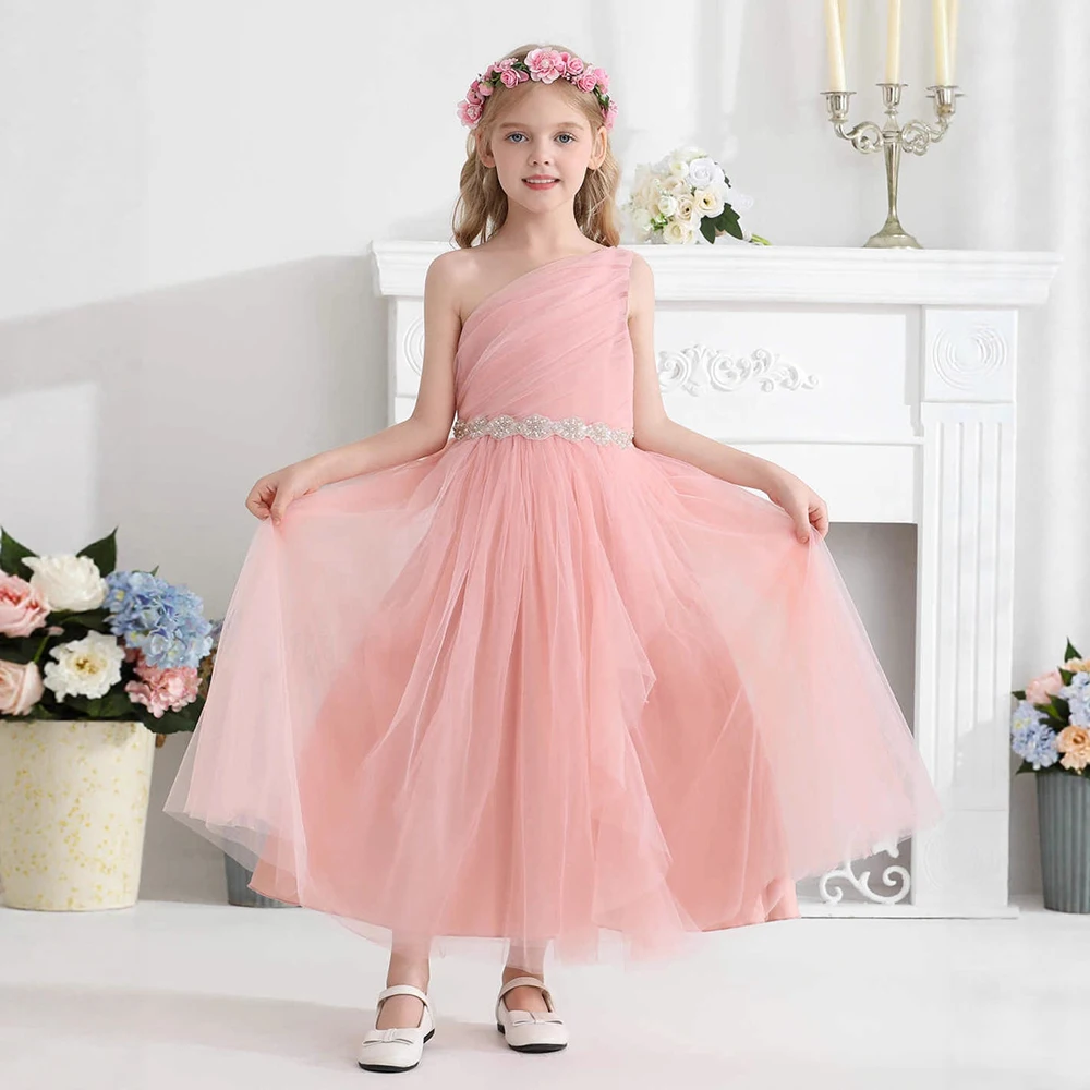 Girls Pink One Shoulder Tulle Bridesmaid Dress for Teens Beach Boho Style Ruched Beaded Waist Belt Flower Girl Dress for Wedding
