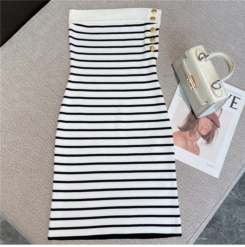 

High Quality Women Fashion Summer New Temperament Sweet Elasticity Knitted Striped Strapless Dress