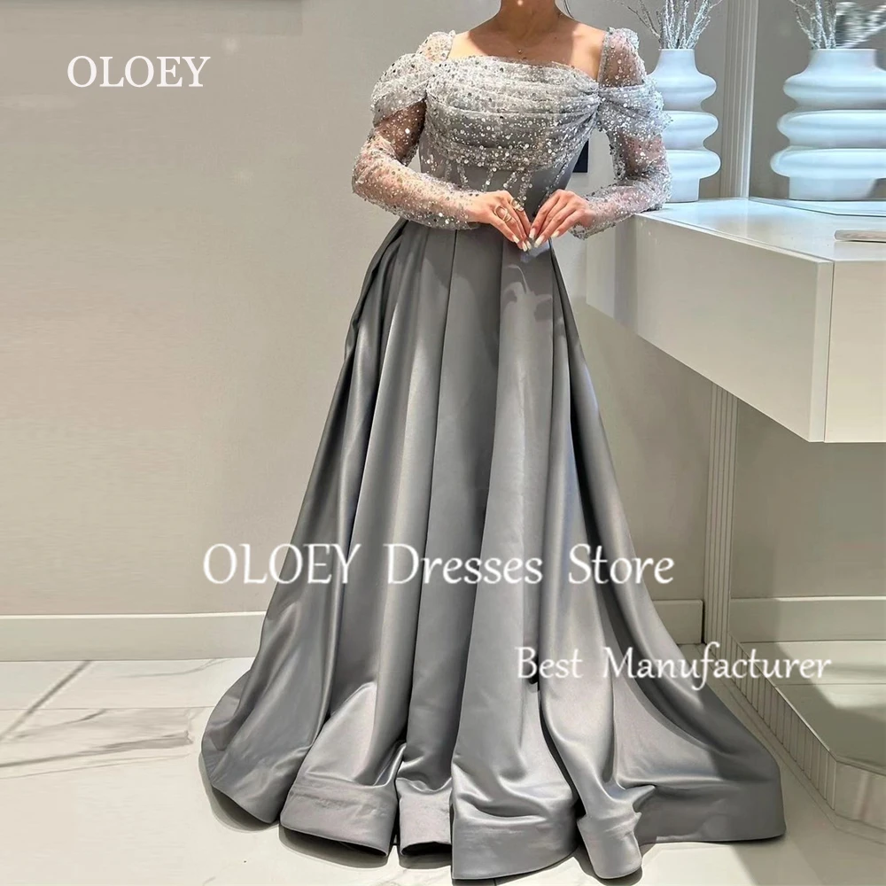 OLOEY Modest Beads Square Collar Evening Dress Full Sleeves A Line Wedding Party Dress Silky Taffeta Prom Gown Custom Made