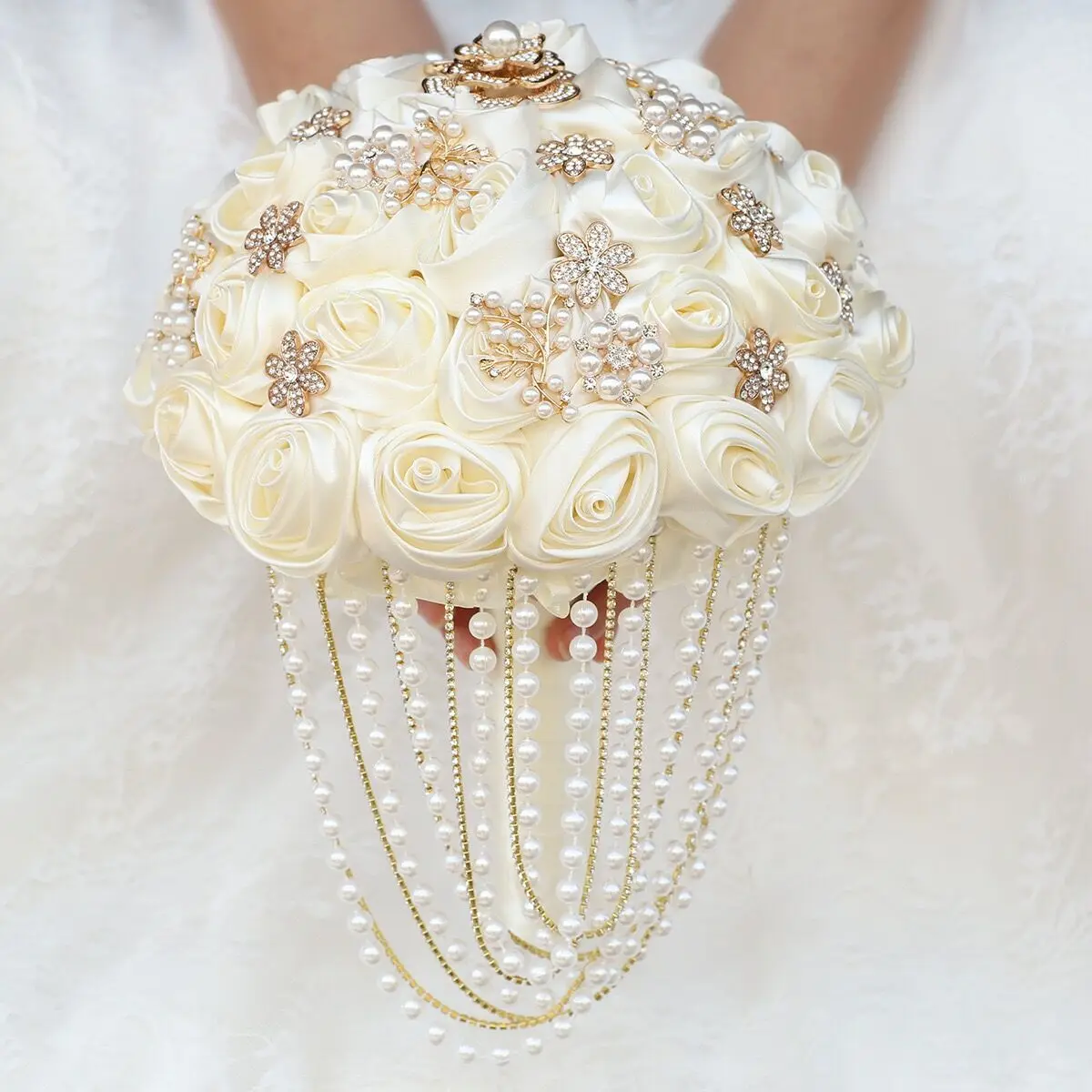 

Beautiful Wedding Bouquet Ivory Satin Rose Artificial Flowers Brooch Marriage Rhinestone Bridal Bridesmaid Bouquets