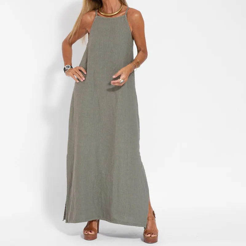 Robe longue fendue en coton et lin pour femmes, vêtement sexy, longueur au sol, respirant, décontracté, plage, soirée club