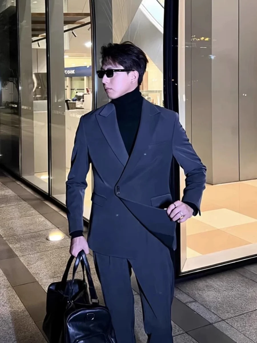 

Faionable Men's Two-Piece Suit Straight Leg Pants Set Vintage Trendy Jaet And Pants Ensemble Spring Autumn Wear