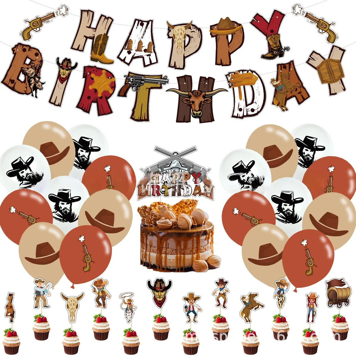 

SURSURPIRSE Western Cowboy Theme White Brown Printing Latex Balloon Banner Cake Topper for Kids Adults Birthday Party Supplies