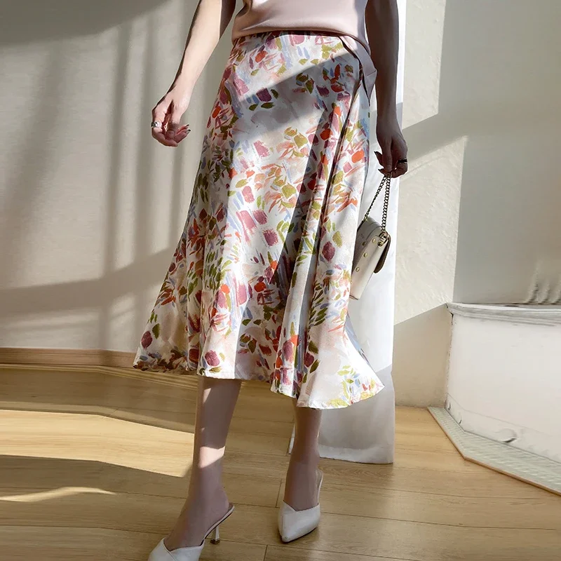 2024 Spring and Summer New Acetic Acid Fabric Skirt Women's High Waist A Long Fashion Floral Dress