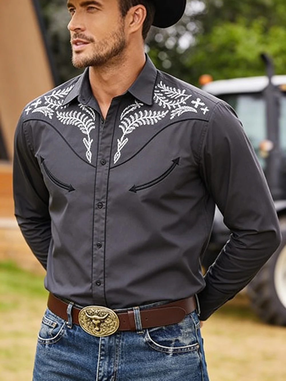2026 New Men's Western Farm Cactus 3D Print Black Shirt Long Sleeve Collar Button Business Casual Hawaiian Shirt Men For You