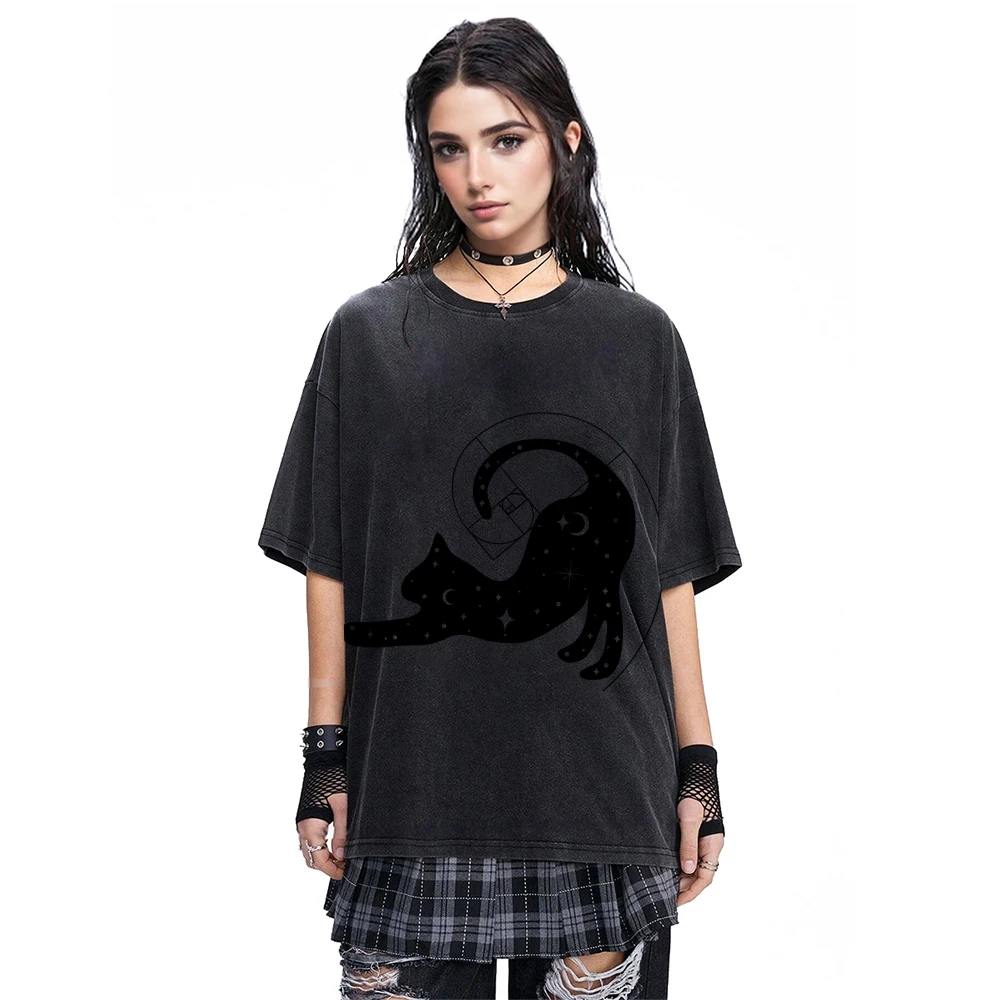 

Celestial Cat Graphic T - shirt Vintage Washed Oversized Top Women's Streetwear Y2K Aesthetic Grunge Casual Short - Sleeve Tee