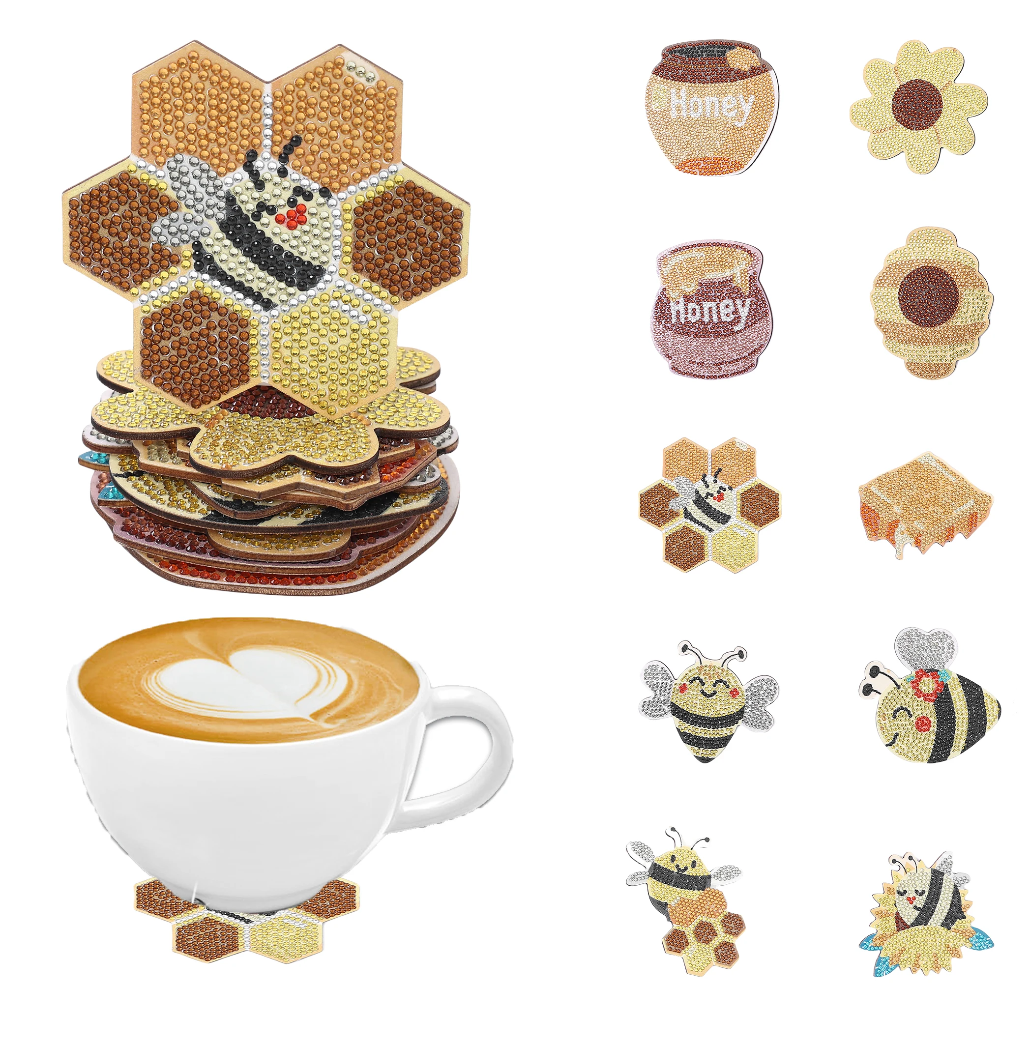 

10 piece DIY Honey and flower-shaped diamond painted coasters, non-slip wood coasters, kitchen, office, party decorations