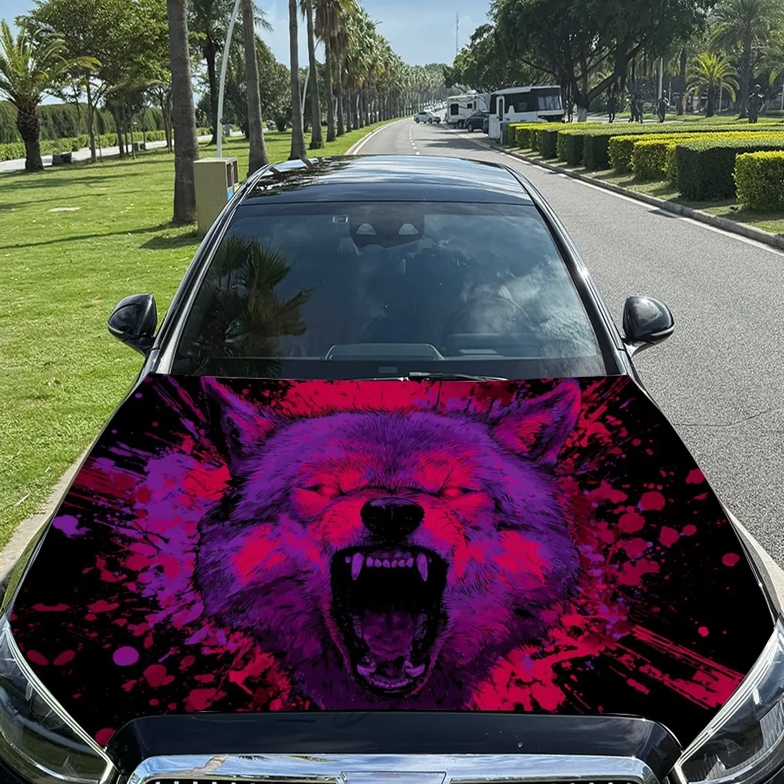 

Neon Dazzling Mad Wolf Car Vinyl Wrap, PVC Material Waterproof Car Hood Sticker, Self-Adhesive Scratch-Resistant Stickers for En