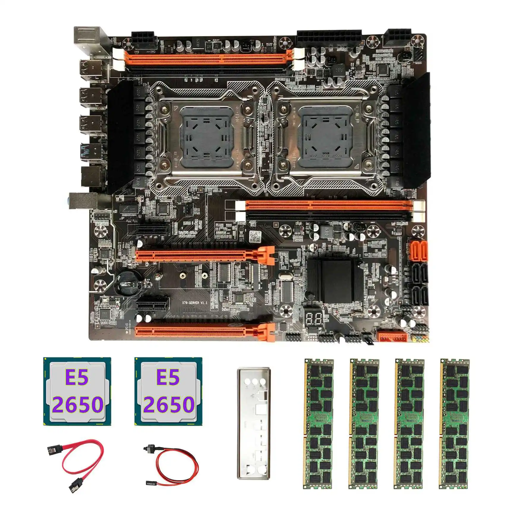 X79 Dual CPU Motherboard+2XE5 2650 CPU+4X4GB DDR3 1600Mhz RECC Ram+SATA Cable+Switch Cable+Baffle LGA2011 M.2 NVME