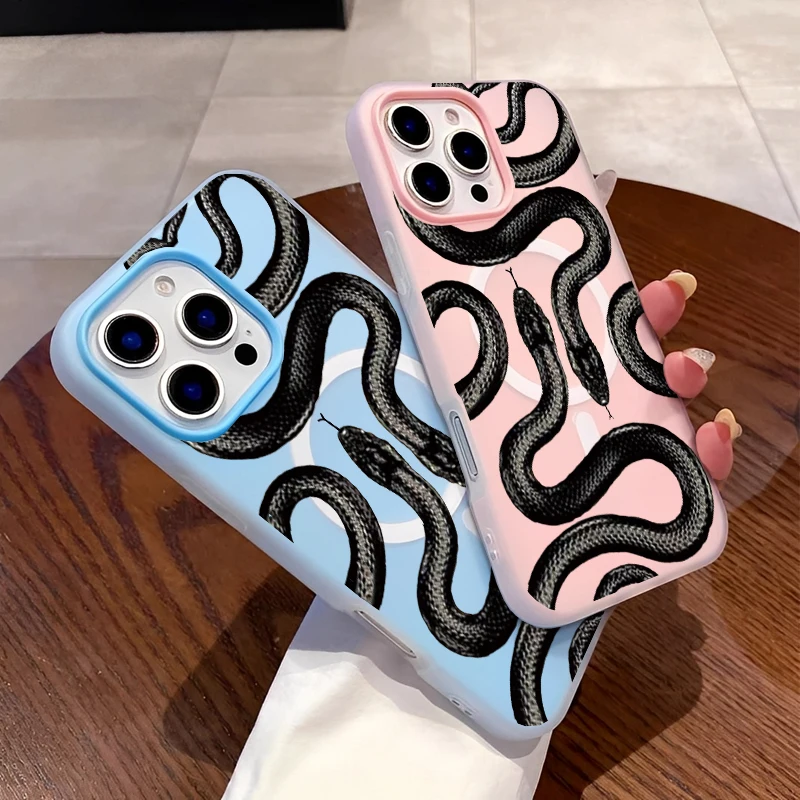 المغناطيسي بسيط الجمالية الاتجاه الأسود بيثون نمط جراب هاتف آيفون 16 15 14 13 12 11 بروماكس سيليكون جراب هاتف غطاء