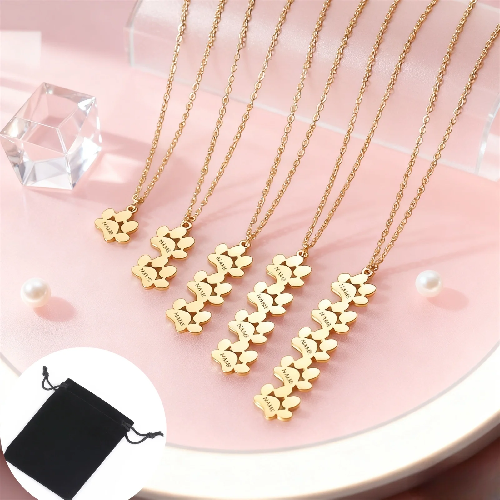 Customized Carved Name Heart-Shaped Dog Paw Necklace Stainless Steel Personalized Cat Paw Pet Necklace Jewelry Love Gift