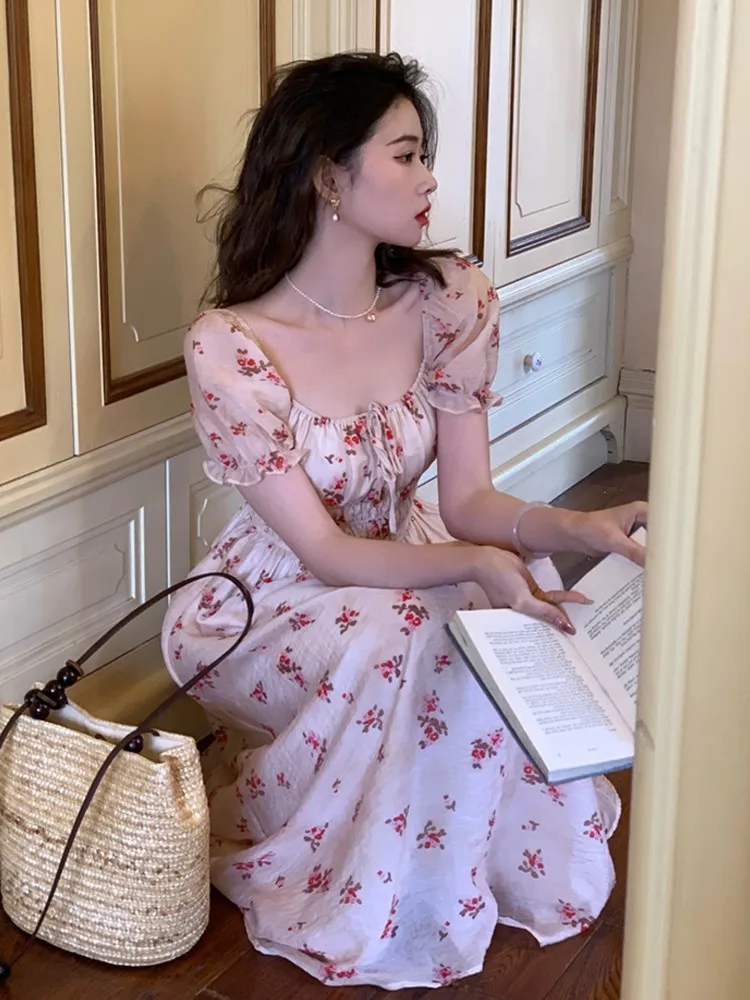 Flora Print French Style Short Sleeve Long Dress Modern Elegant Women Princess Dresses 2023 Summer Puff Sleeves Vestido Mujer