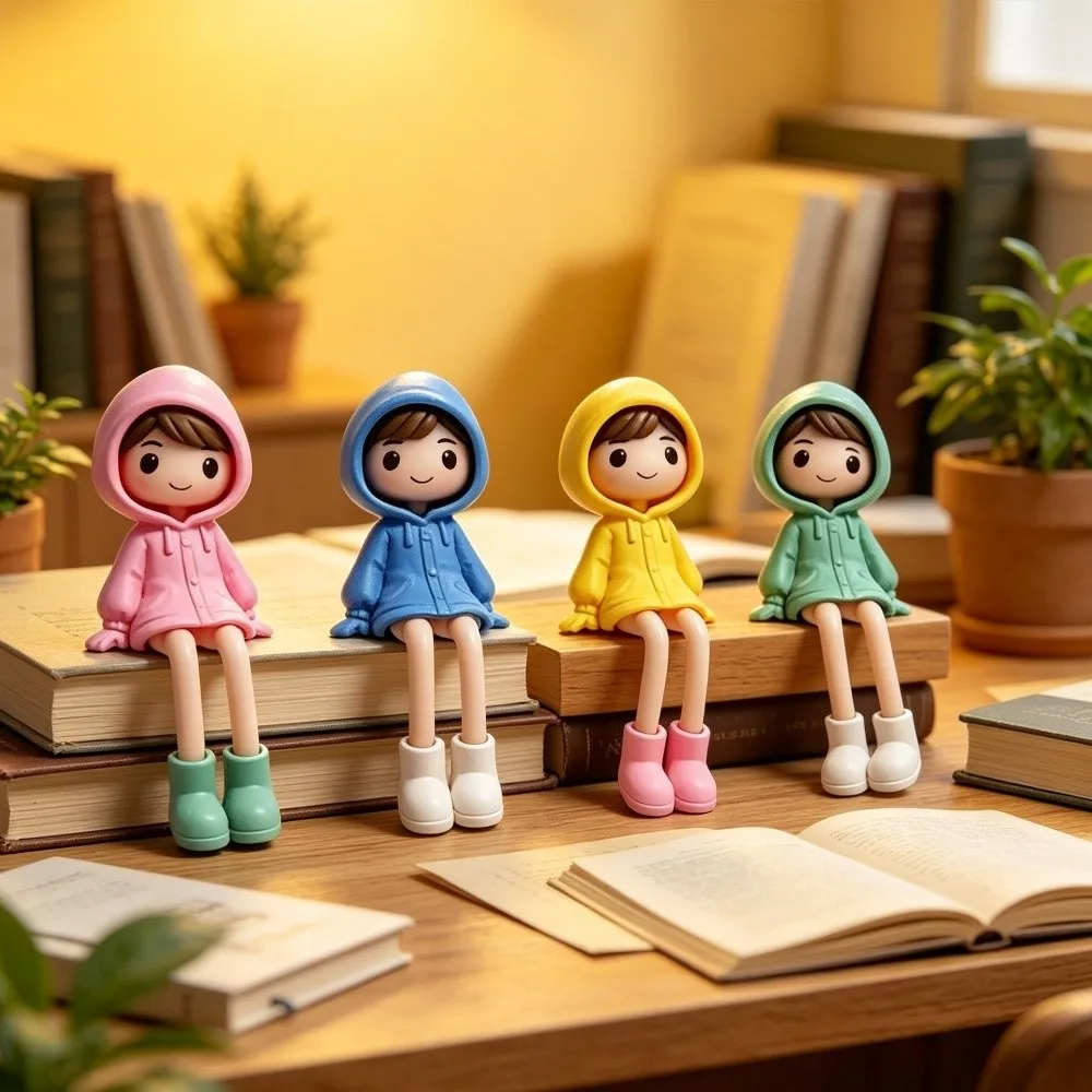 4Pcs PVC Raincoat Figurine Set Long Legged Hand Painted Sitting Girl Mini Figurine Anti-Drop DIY Craft Raincoat Girl Desk Decor