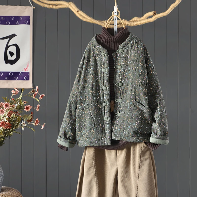 女性用 2025年秋冬 ヴィンテージ風 花柄プリント 厚手パッド入りジャケット 高品質コットンキルティングコート