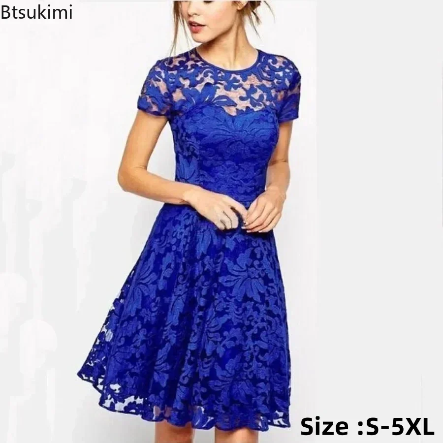 

2025 Women's Summer Elegant Lace Dress Solid Ladies' Sweet Hollow Out Dress Female Party Wedding Dresses Large Size Vestidos 5XL