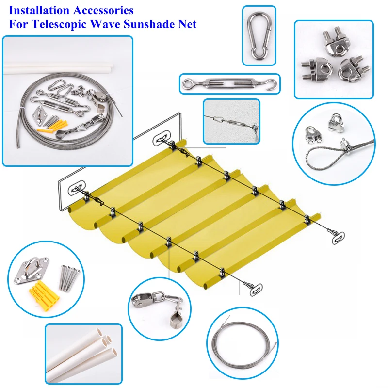 Installation Accessories For Telescopic Wave Shade Net Turnbuckle Pulley Spring Buckle Turnbuckle Wire Rope Awning Fittings