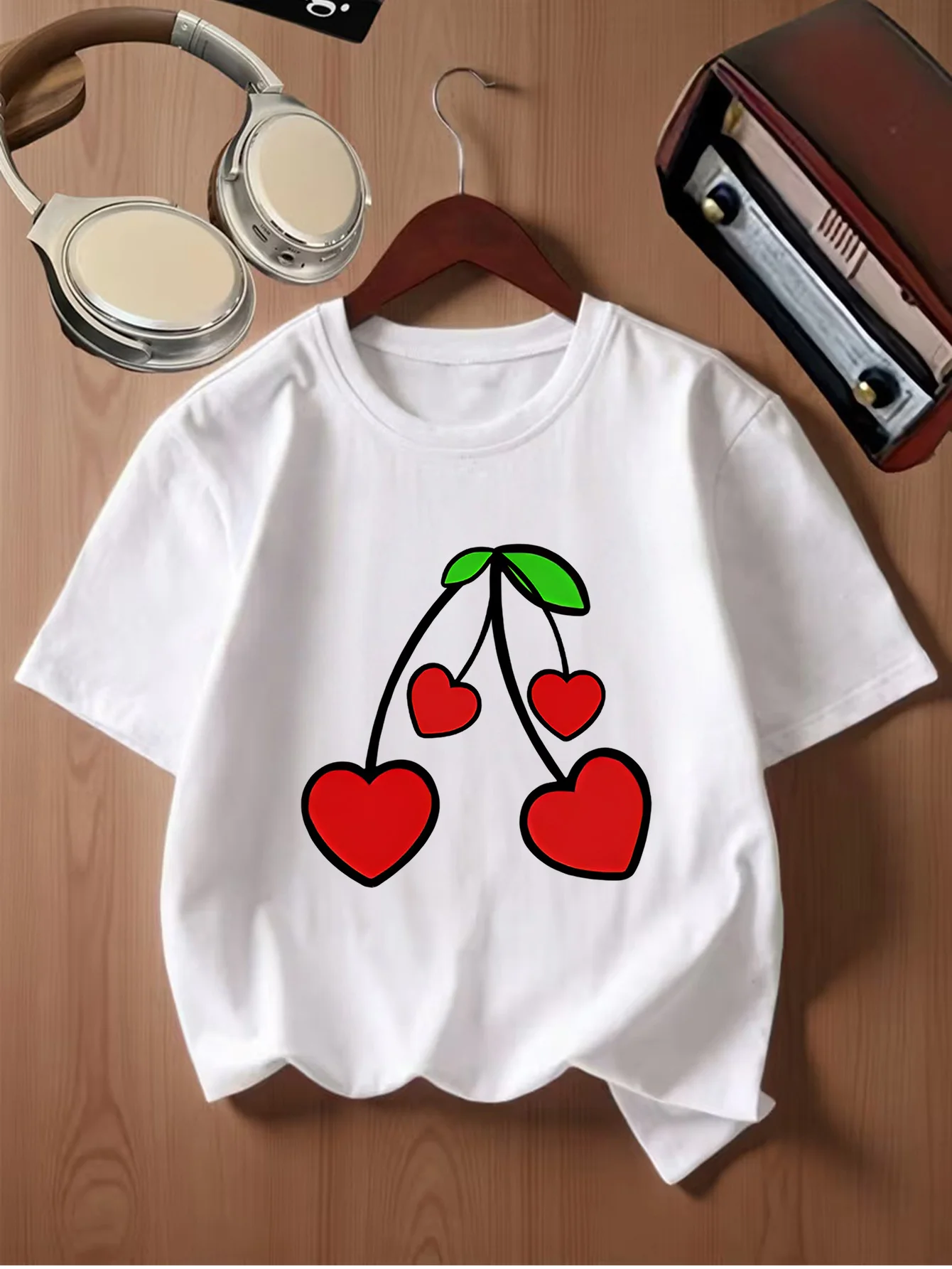 Heart Shaped Cherry Cute Fruit Cartoon Graphic Kids T Shirt Boys Girls Family Matching Parent Child Summer Crew Neck Casual Tee