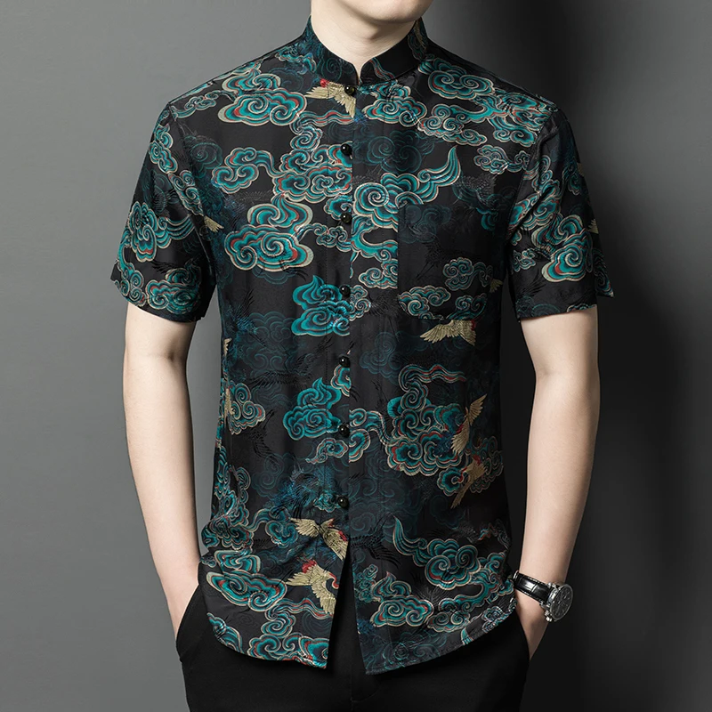 Lucky Cloud Jacquard Shirts For Men Short Sleeve Tang Costume Summer Quality Silk 35% Blend Frog Button Pocket Camisas De Hombre
