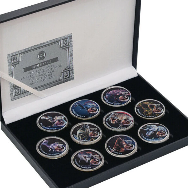 10pcs Tyrannosaurus Rex Silver Commemorative Coins Set Jurassic World Dinosaur Spinosaurus Challenge Coins Gifts for Collection
