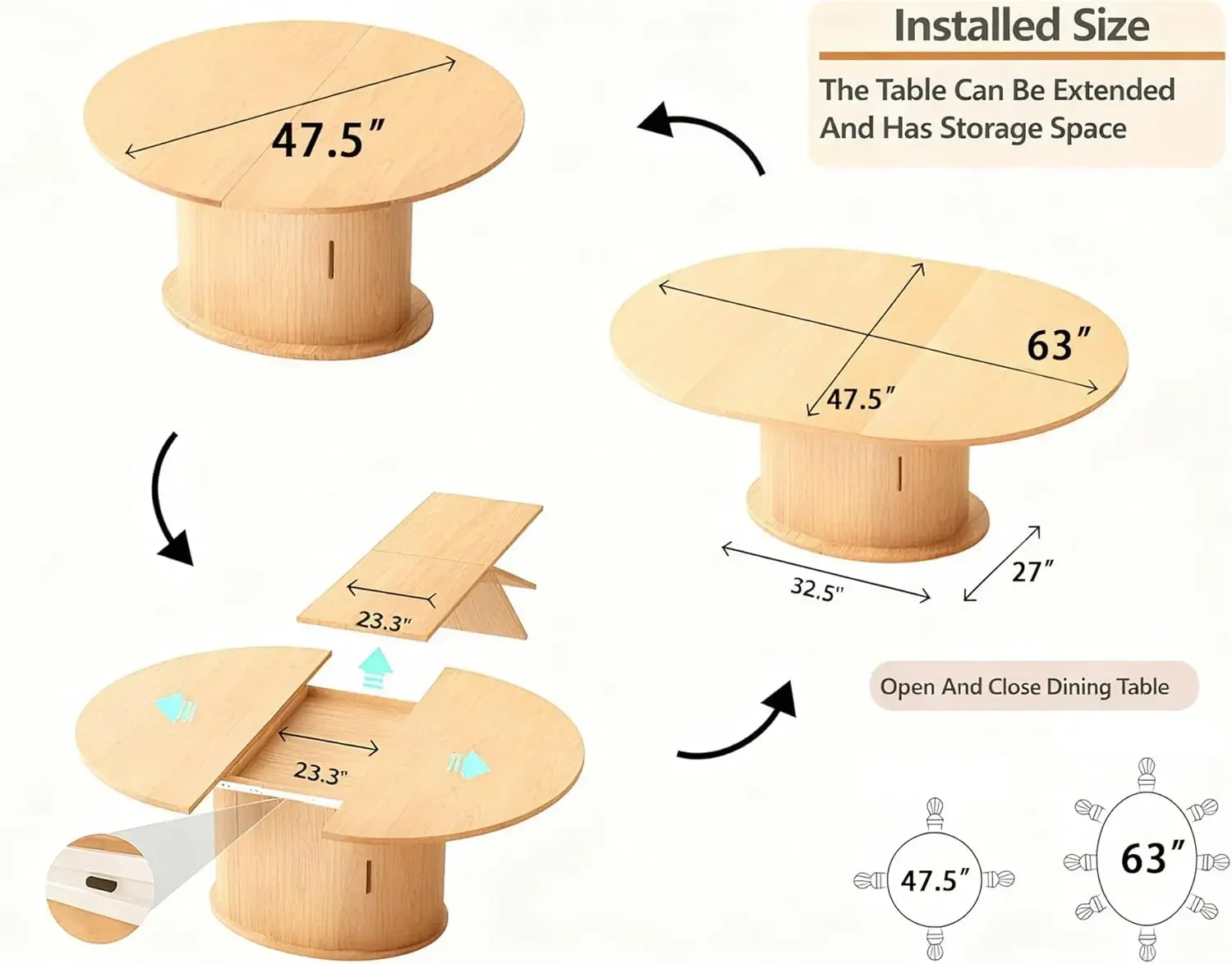 Oak Oval Round Extendable Dining Table Seats Two Four Six Tier Storage Slide Door Kitchen Dining Room Furniture